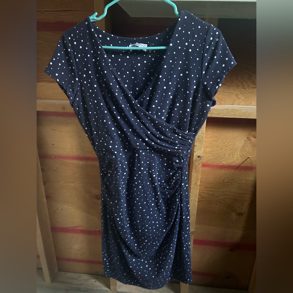 Navy Polka Dot Midi Dress with Wrap Detail